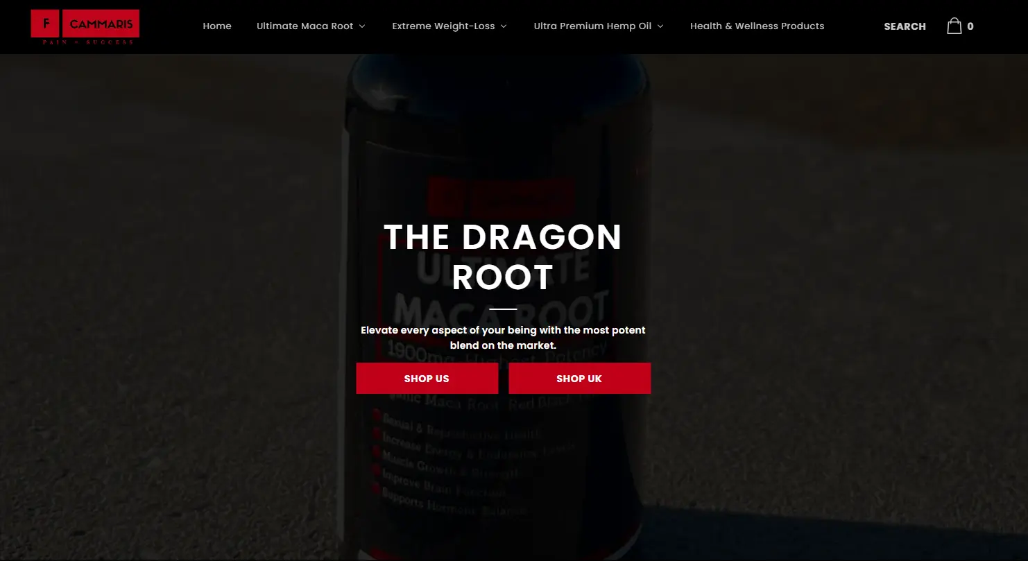 Fcammaris Shopify ecommerce storefront homepage with health and wellness product navigation