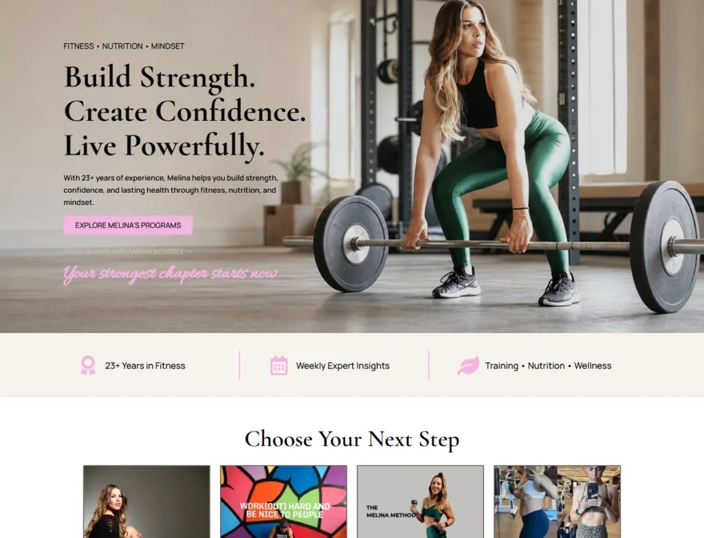 Melina Fitness WordPress homepage hero screenshot for fitness website development case study