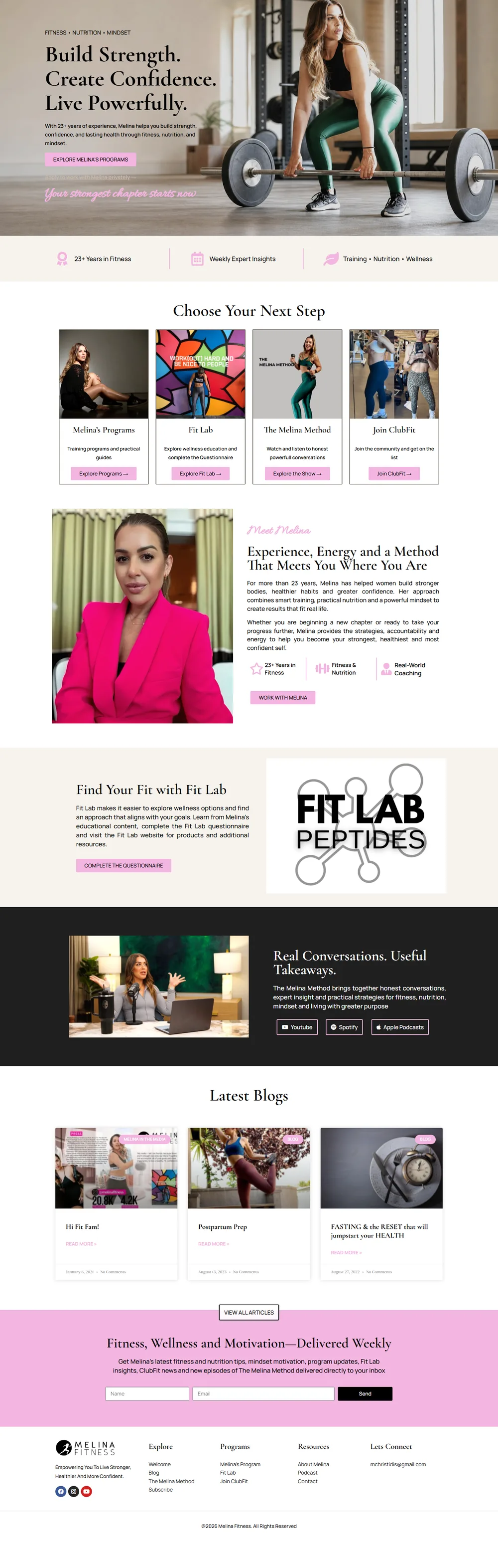 Full Melina Fitness WordPress home page screenshot after redevelopment and launch