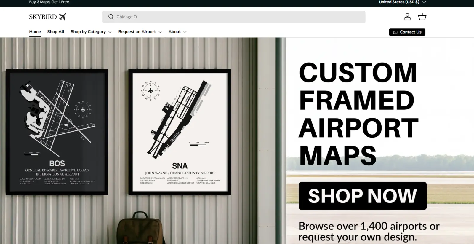 SkyBirdSupply Shopify store featuring custom framed airport maps