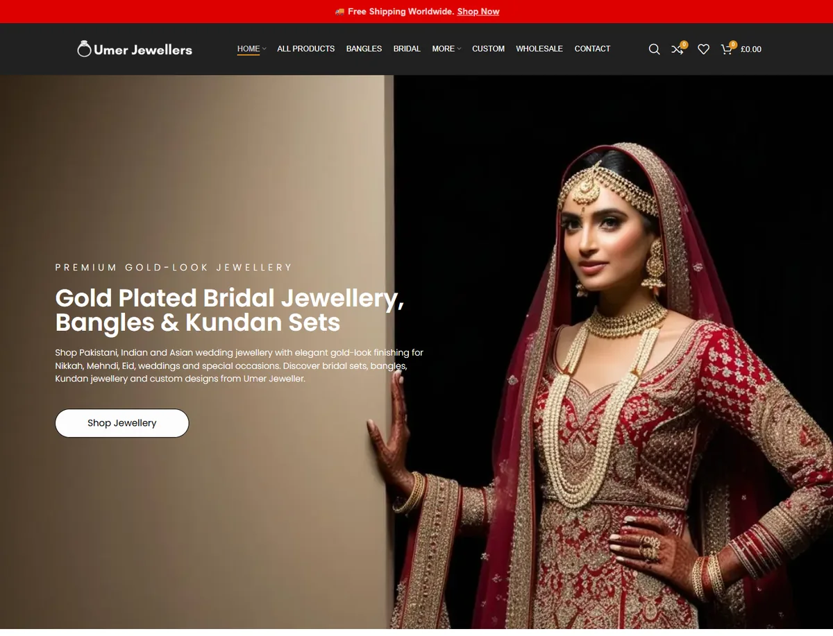Umer Jewellers WooCommerce homepage hero screenshot for ecommerce SEO case study