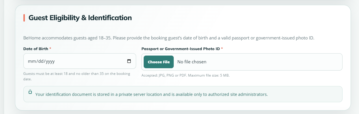 Customized MotoPress Hotel Booking guest eligibility section with date of birth validation and passport or photo ID upload for BeHome