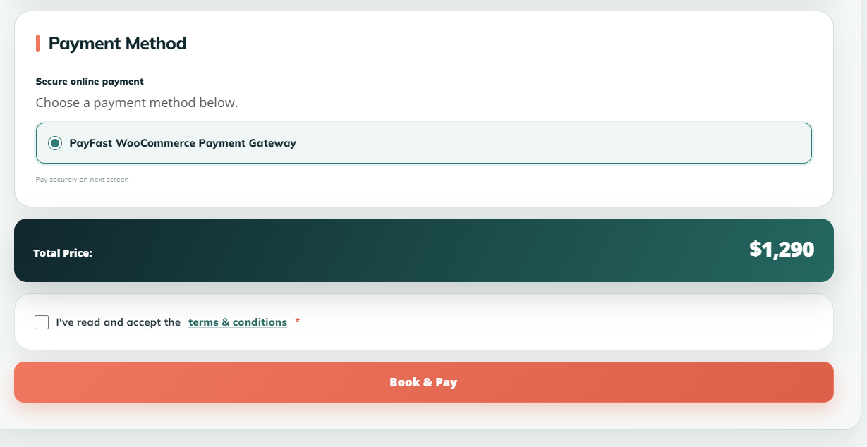 Customized MotoPress Hotel Booking payment method showing a WooCommerce payment gateway, total price and Book and Pay action